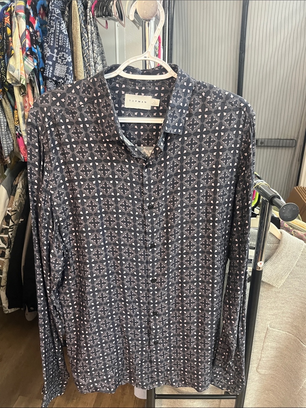Topman Dark Geometric Print Button-Down Shirt - Black & Gray